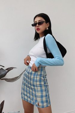 Y2K Korean Split Mini Plaid Skirt with Shorts - 90s Grunge Summer Outfit, Retro Y2K Fashion