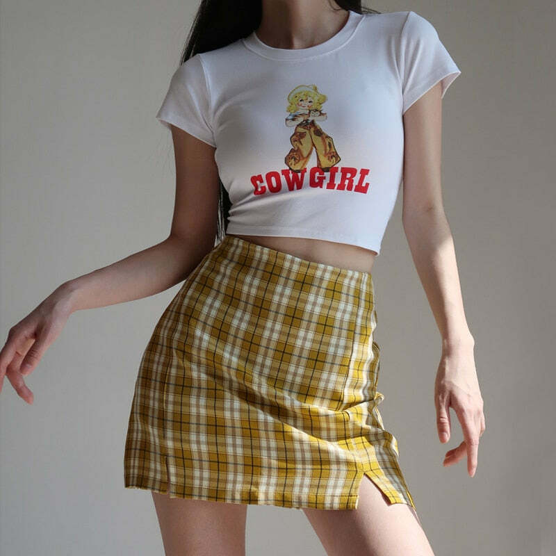 Y2K Korean Split Mini Plaid Skirt with Shorts - 90s Grunge Summer Outfit, Retro Y2K Fashion