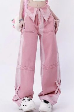 Y2K Kpop Baggy Jeans Pink - Retro 90s Grunge Summer Outfit, Y2K Fashion, Pastel Goth Style
