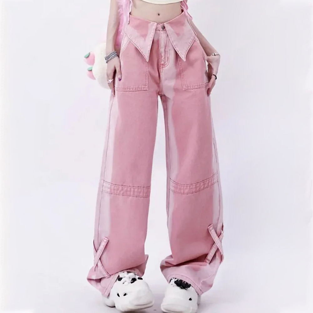 Y2K Kpop Baggy Jeans Pink - Retro 90s Grunge Summer Outfit, Y2K Fashion, Pastel Goth Style