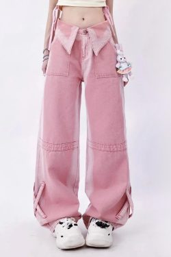 Y2K Kpop Baggy Jeans Pink - Retro 90s Grunge Summer Outfit, Y2K Fashion, Pastel Goth Style