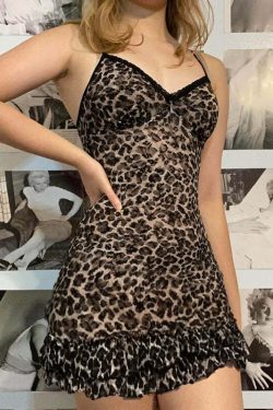Y2K Leopard Print Mini Dress with Ruffle Detail - Perfect for 90s Grunge and Summer Outfits