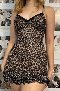 Y2K Leopard Print Mini Dress with Ruffle Detail - Perfect for 90s Grunge and Summer Outfits