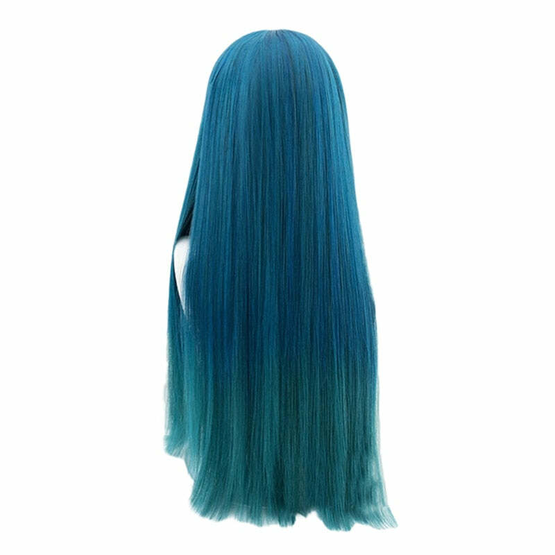 Y2K Long Ombre Teal Blue Cosplay Wig with Bangs - Retro 90s Grunge, Pastel Goth, Y2K