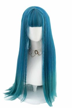 Y2K Long Ombre Teal Blue Cosplay Wig with Bangs - Retro 90s Grunge, Pastel Goth, Y2K
