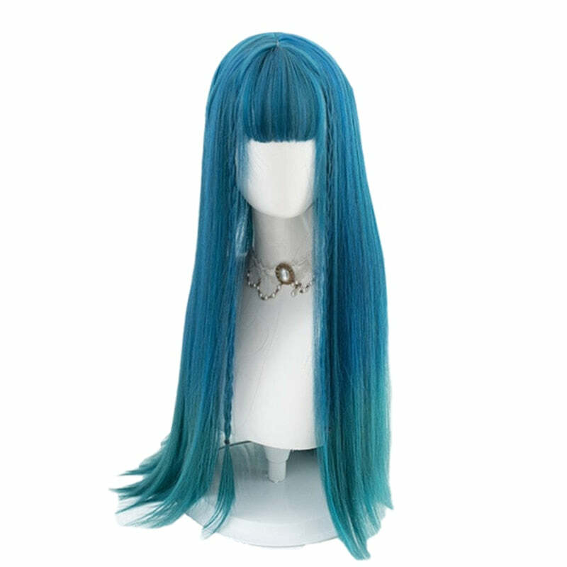 Y2K Long Ombre Teal Blue Cosplay Wig with Bangs - Retro 90s Grunge, Pastel Goth, Y2K