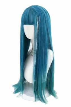 Y2K Long Ombre Teal Blue Cosplay Wig with Bangs - Retro 90s Grunge, Pastel Goth, Y2K