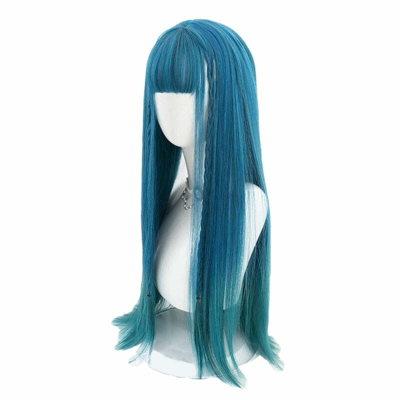 Y2K Long Ombre Teal Blue Cosplay Wig with Bangs - Retro 90s Grunge, Pastel Goth, Y2K