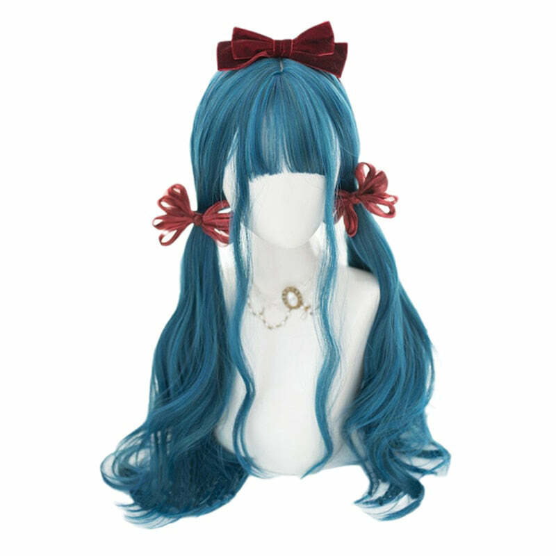 Y2K Long Ombre Teal Blue Cosplay Wig with Bangs - Retro 90s Grunge, Pastel Goth, Y2K
