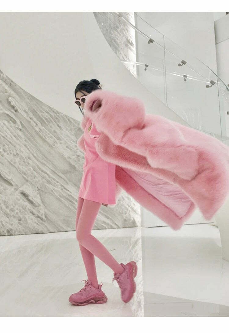 Y2K Long Oversized Pink Fluffy Faux Fur Coat - Retro 90s Grunge, Y2K Party & Summer Outfits