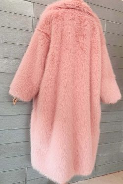 Y2K Long Oversized Pink Fluffy Faux Fur Coat - Retro 90s Grunge, Y2K Party & Summer Outfits