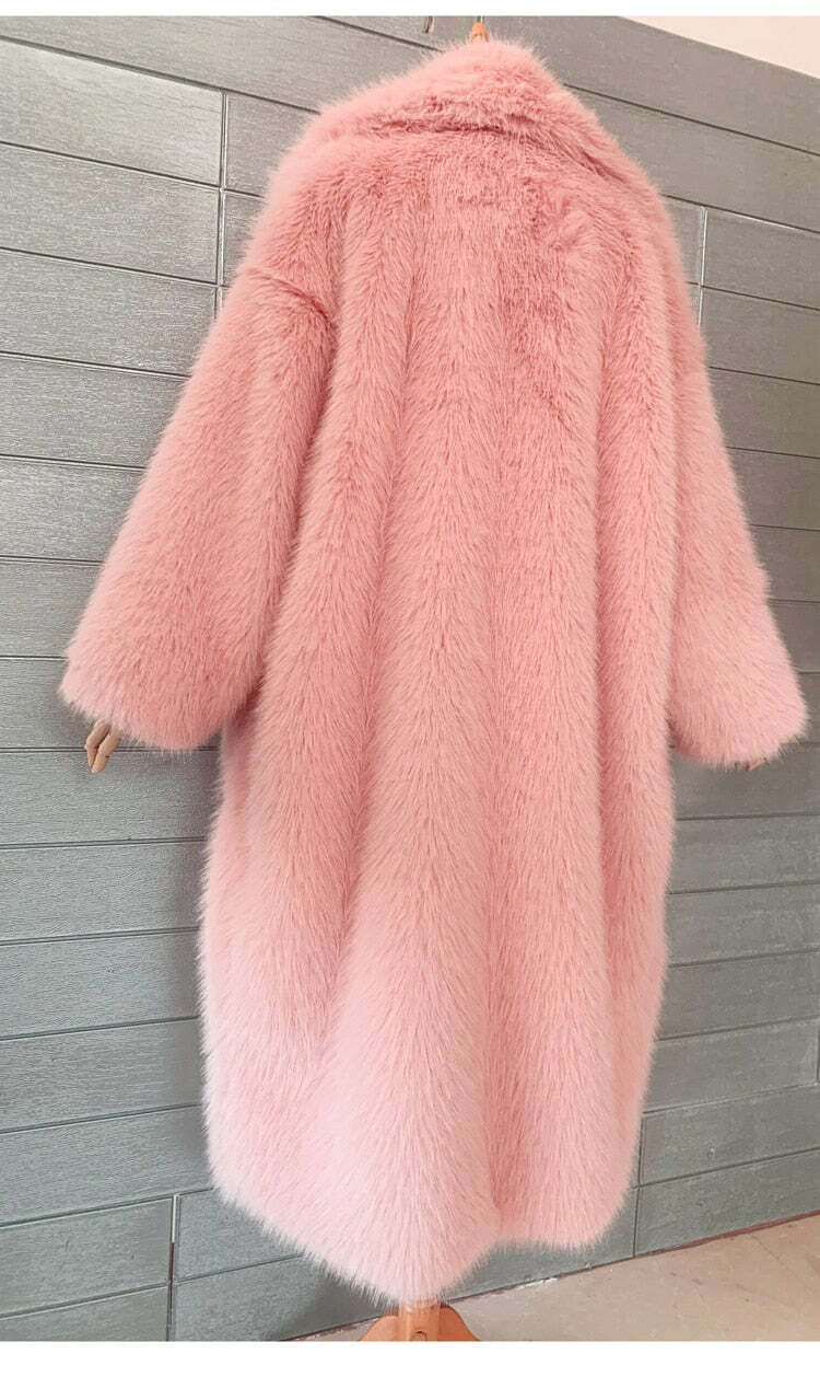Y2K Long Oversized Pink Fluffy Faux Fur Coat - Retro 90s Grunge, Y2K Party & Summer Outfits
