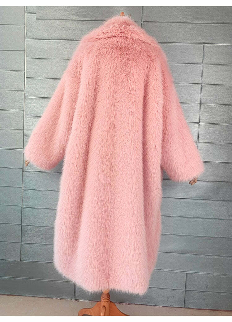 Y2K Long Oversized Pink Fluffy Faux Fur Coat - Retro 90s Grunge, Y2K Party & Summer Outfits
