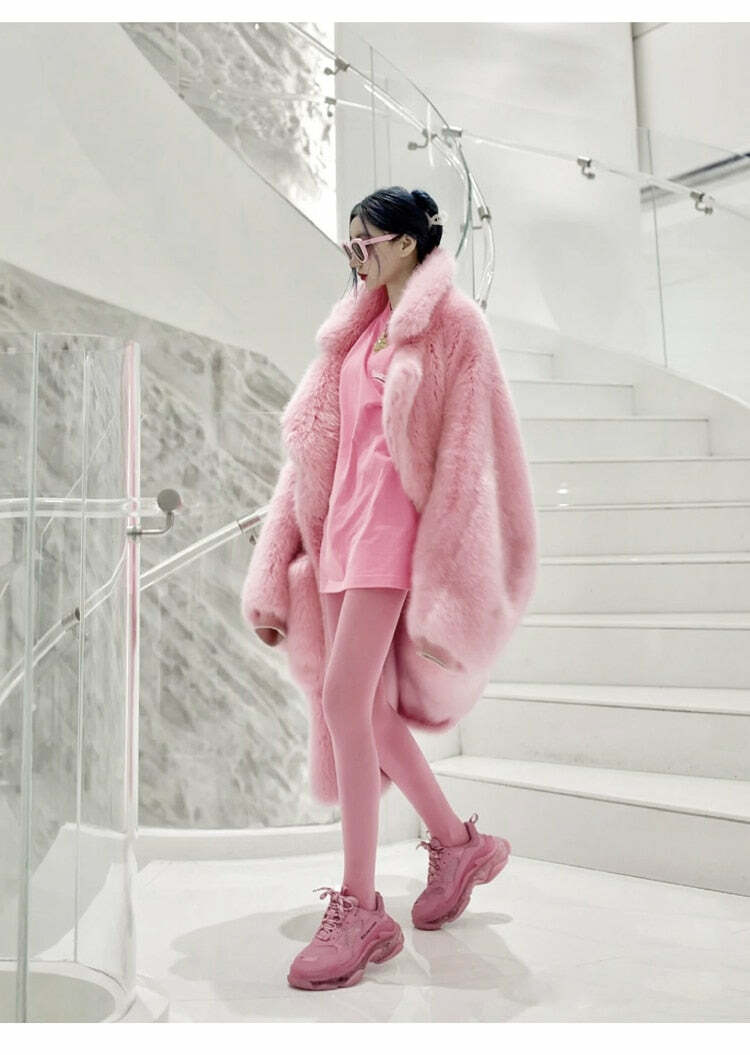 Y2K Long Oversized Pink Fluffy Faux Fur Coat - Retro 90s Grunge, Y2K Party & Summer Outfits