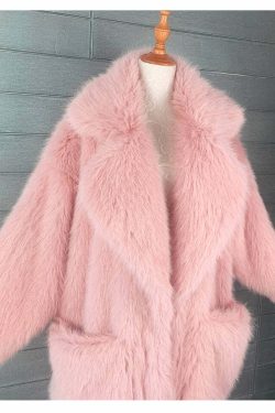Y2K Long Oversized Pink Fluffy Faux Fur Coat - Retro 90s Grunge, Y2K Party & Summer Outfits