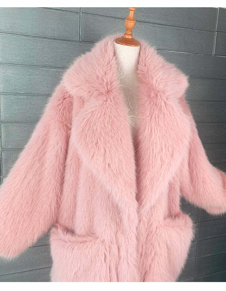 Y2K Long Oversized Pink Fluffy Faux Fur Coat - Retro 90s Grunge, Y2K Party & Summer Outfits