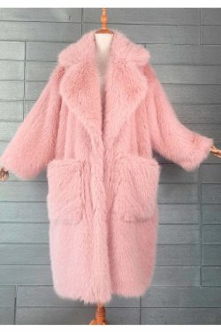 Y2K Long Oversized Pink Fluffy Faux Fur Coat - Retro 90s Grunge, Y2K Party & Summer Outfits
