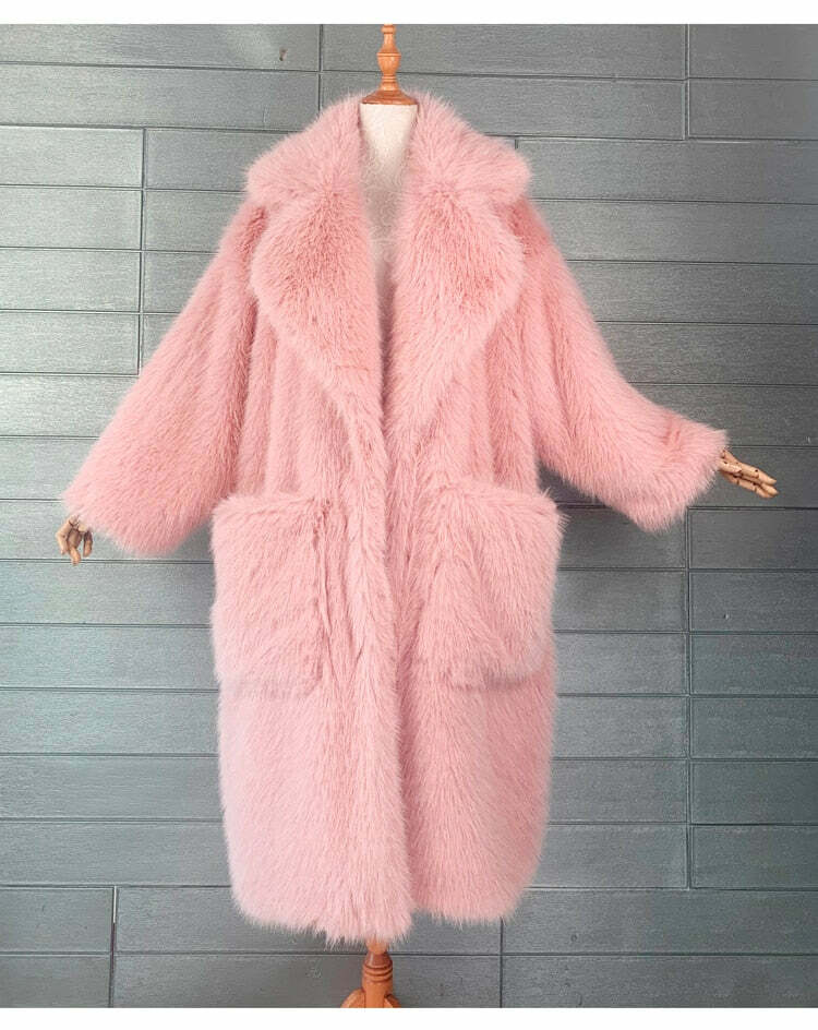 Y2K Long Oversized Pink Fluffy Faux Fur Coat - Retro 90s Grunge, Y2K Party & Summer Outfits