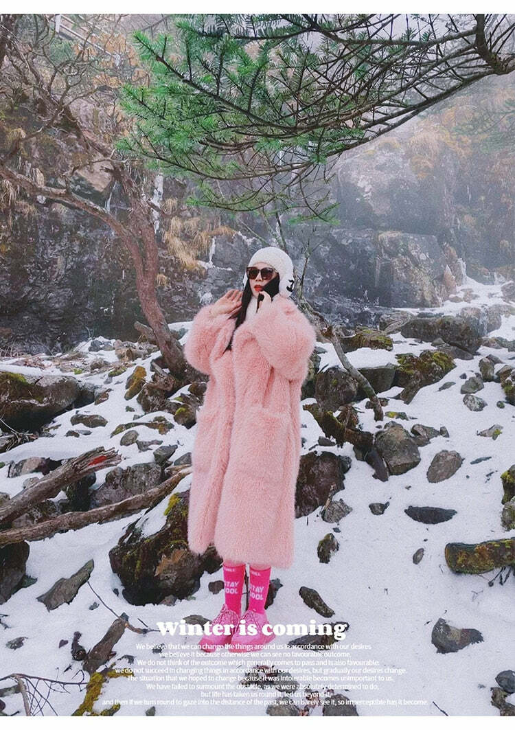 Y2K Long Oversized Pink Fluffy Faux Fur Coat - Retro 90s Grunge, Y2K Party & Summer Outfits