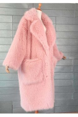 Y2K Long Oversized Pink Fluffy Faux Fur Coat - Retro 90s Grunge, Y2K Party & Summer Outfits