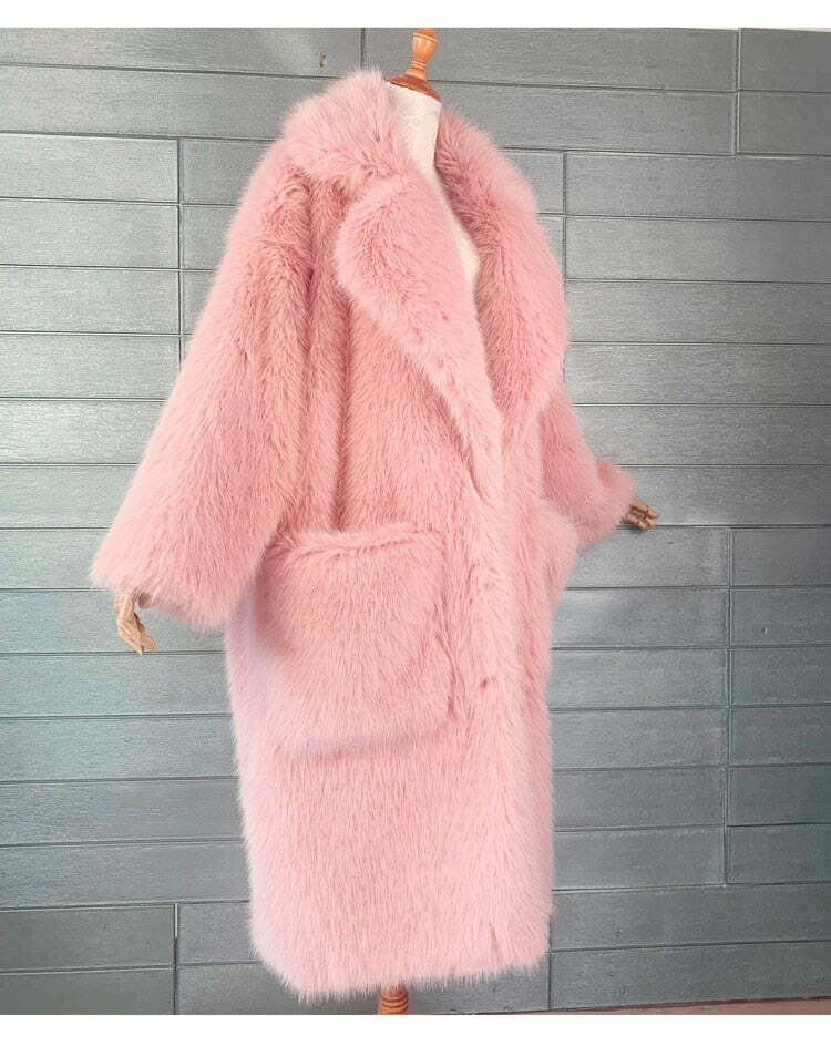 Y2K Long Oversized Pink Fluffy Faux Fur Coat - Retro 90s Grunge, Y2K Party & Summer Outfits