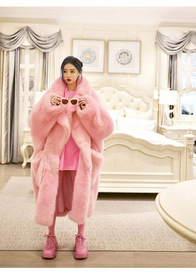 Y2K Long Oversized Pink Fluffy Faux Fur Coat - Retro 90s Grunge, Y2K Party & Summer Outfits