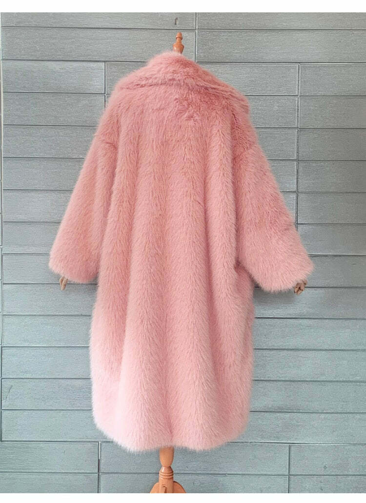 Y2K Long Oversized Pink Fluffy Faux Fur Coat - Retro 90s Grunge, Y2K Party & Summer Outfits