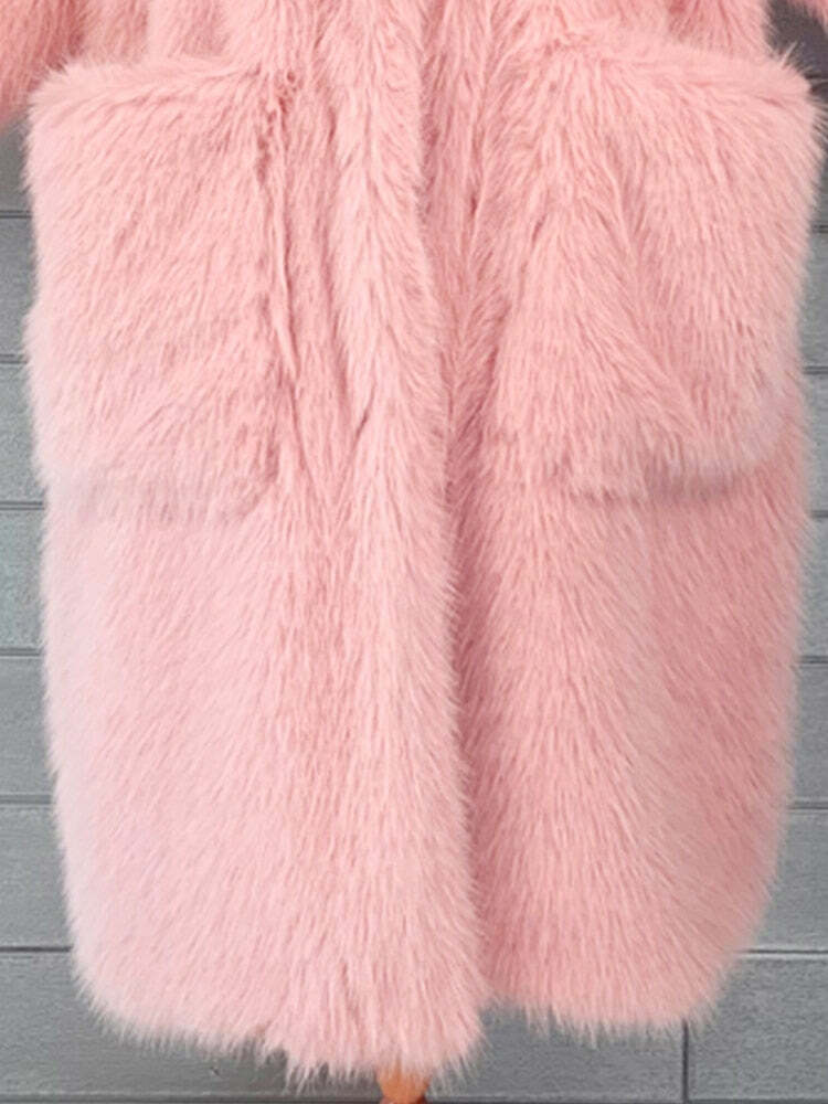 Y2K Long Oversized Pink Fluffy Faux Fur Coat - Retro 90s Grunge, Y2K Party & Summer Outfits