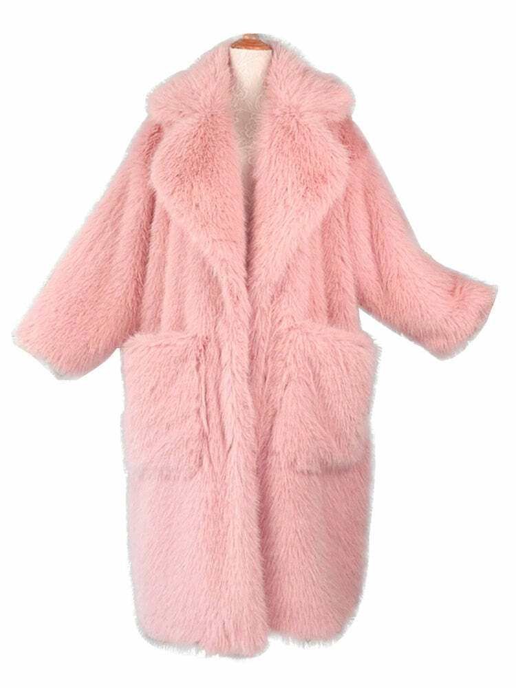 Y2K Long Oversized Pink Fluffy Faux Fur Coat - Retro 90s Grunge, Y2K Party & Summer Outfits