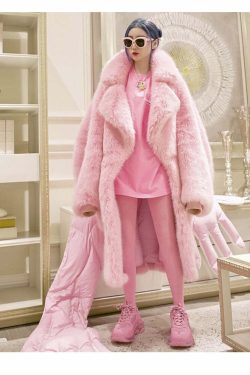 Y2K Long Oversized Pink Fluffy Faux Fur Coat - Retro 90s Grunge, Y2K Party & Summer Outfits