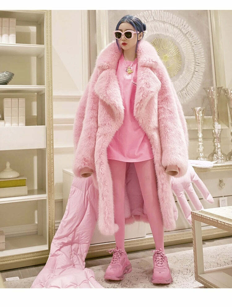 Y2K Long Oversized Pink Fluffy Faux Fur Coat - Retro 90s Grunge, Y2K Party & Summer Outfits