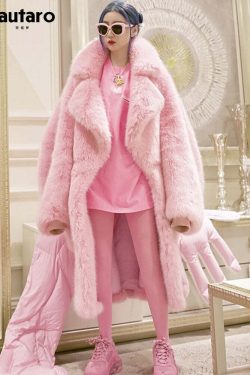 Y2K Long Oversized Pink Fluffy Faux Fur Coat - Retro 90s Grunge, Y2K Party & Summer Outfits