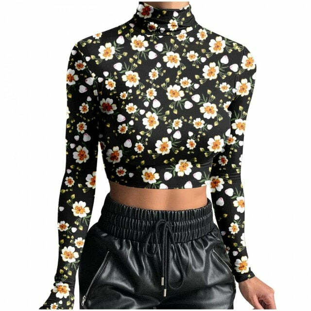 Y2K Long Sleeve Flower Print Top - Retro 90s Grunge, Summer Y2K Outfits, Pastel Goth Style