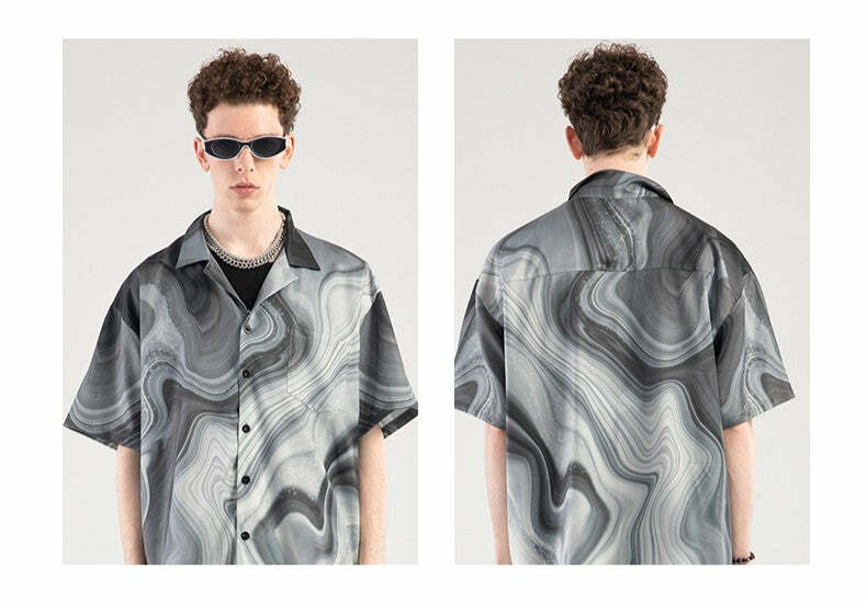 Y2K Marble Button Up Shirt - Retro 90s Grunge, Summer Y2K Outfits, Pastel Goth Fashion
