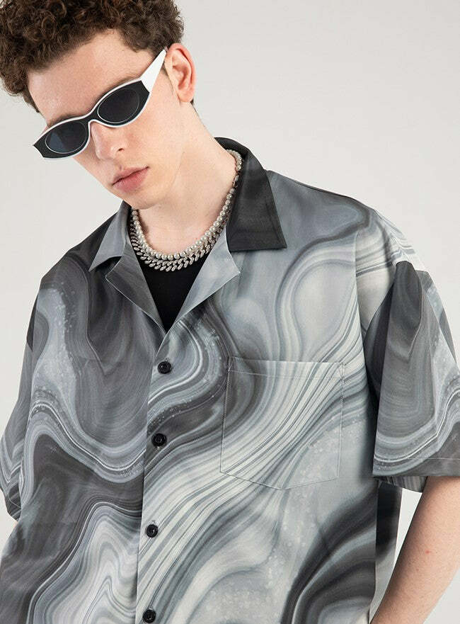Y2K Marble Button Up Shirt - Retro 90s Grunge, Summer Y2K Outfits, Pastel Goth Fashion