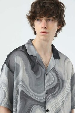 Y2K Marble Button Up Shirt - Retro 90s Grunge, Summer Y2K Outfits, Pastel Goth Fashion