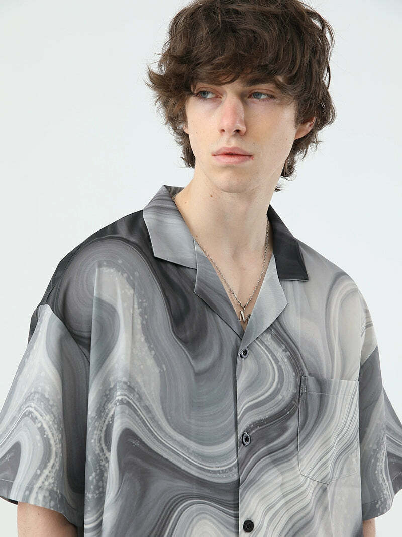 Y2K Marble Button Up Shirt - Retro 90s Grunge, Summer Y2K Outfits, Pastel Goth Fashion