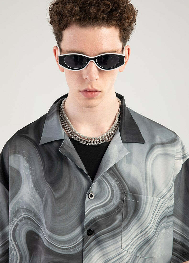 Y2K Marble Button Up Shirt - Retro 90s Grunge, Summer Y2K Outfits, Pastel Goth Fashion