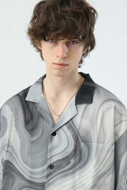 Y2K Marble Button Up Shirt - Retro 90s Grunge, Summer Y2K Outfits, Pastel Goth Fashion