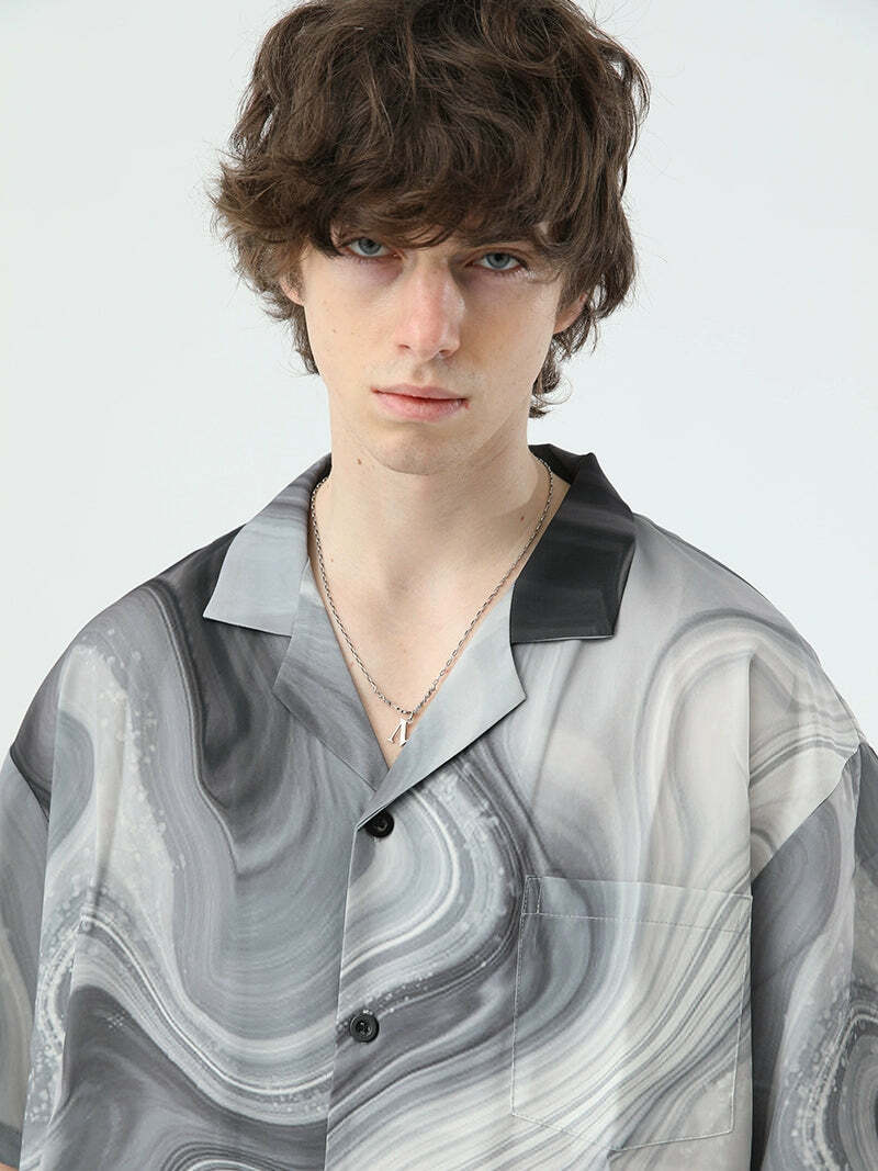 Y2K Marble Button Up Shirt - Retro 90s Grunge, Summer Y2K Outfits, Pastel Goth Fashion