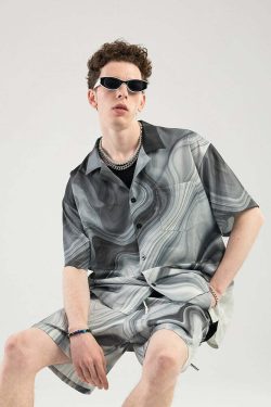 Y2K Marble Button Up Shirt - Retro 90s Grunge, Summer Y2K Outfits, Pastel Goth Fashion