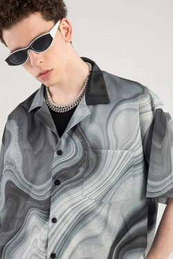 Y2K Marble Button Up Shirt - Retro 90s Grunge, Summer Y2K Outfits, Y2K Club & Party Fashion