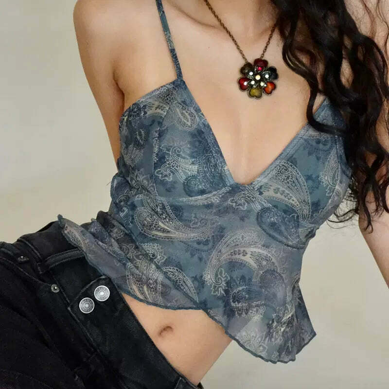 Y2K Mesh V-Neck Crop Top - 90s Grunge, Retro, Pastel Goth, Summer Y2K Outfits