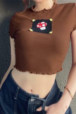 Y2K Mushroom Crop Top - Retro 90s Grunge, Summer Y2K Outfits, Pastel Goth, Y2K Fashion
