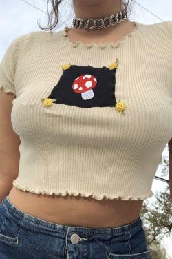 Y2K Mushroom Crop Top - Retro 90s Grunge, Summer Y2K Outfits, Pastel Goth, Y2K Fashion