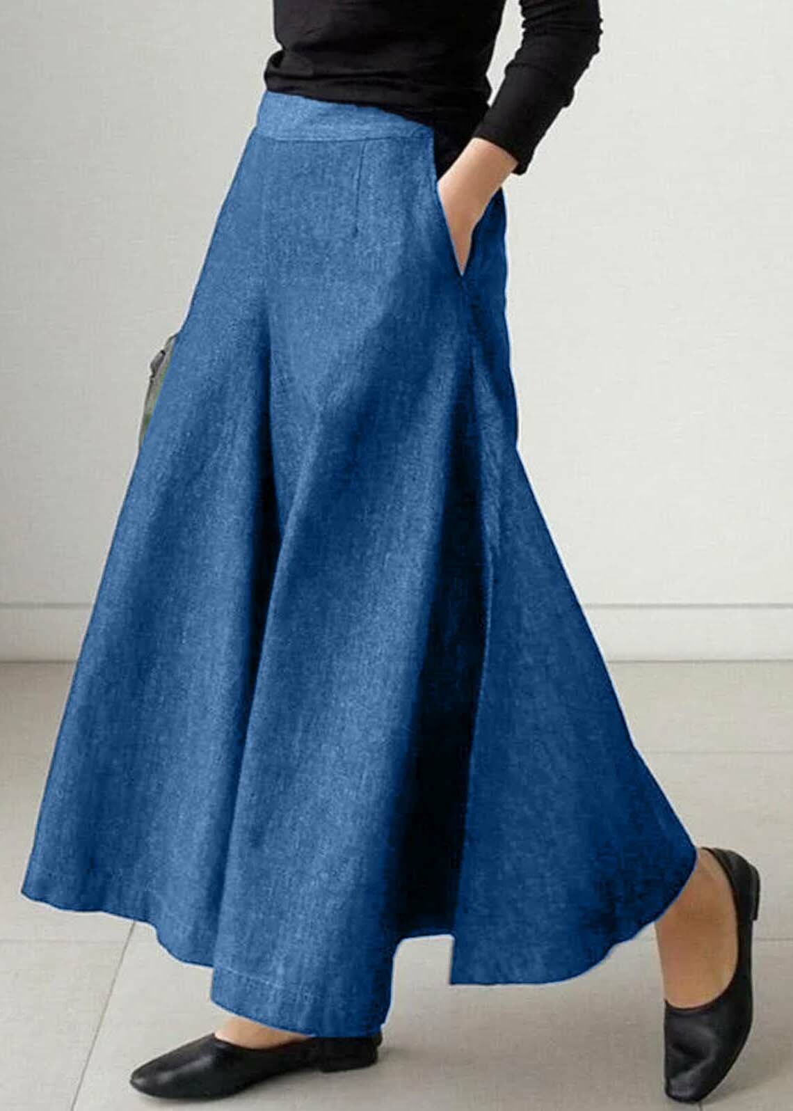 Y2K Navy High Waist Denim Skirt with Pockets - Retro 90s Summer Grunge Fashion