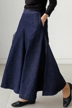 Y2K Navy High Waist Denim Skirt with Pockets - Retro 90s Summer Grunge Fashion