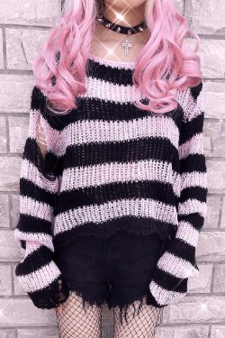 Y2K Pastel Goth Grunge Striped Light Pink Knitted Sweater - Retro 90s Summer Fashion