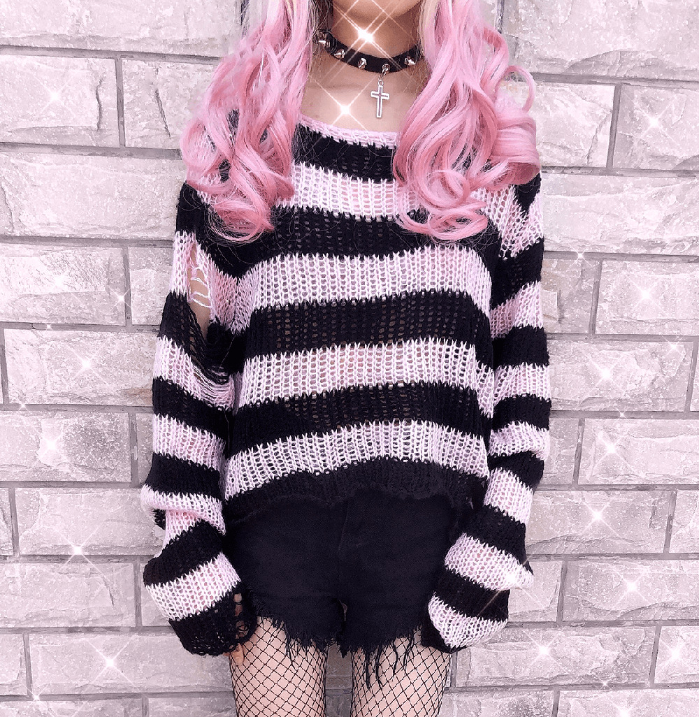 Y2K Pastel Goth Grunge Striped Light Pink Knitted Sweater - Retro 90s Summer Fashion
