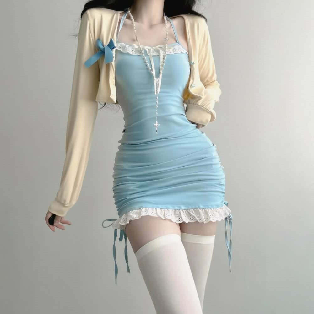 Y2K Pastel Goth Mini Dress & Cardigan Set - 90s Grunge Summer Outfit, Retro Y2K Fashion